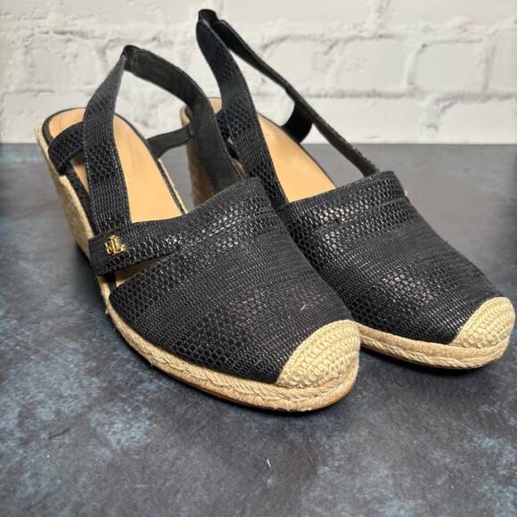 Lauren Ralph Lauren Penelopie Wedge Espadrille Sandals Black Size 10 - Picture 1 of 8